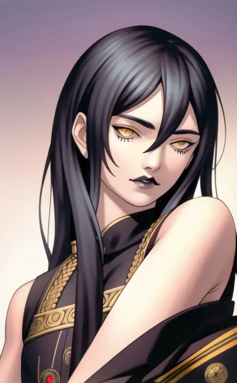 (masterpiece), (best quality),(portrait),(bust up),1girl,solo,(sharp focus),(look at viewer),perfect eyes,fantsy outfit,Samurai girl,black hair, black outfit, ancient luxurious long clothes,(simple background),old school fantasy art,cimagarahau,1woman,sidelocks,sheila_metallicana