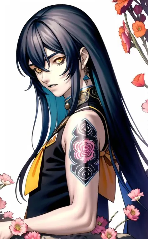 16k resolution, <lora:kazuma_kaneko-10:0.9> best quality, a masterpiece, traditional media, hyperdetailed, matte painting. A captivating portrait of solo androgynous 1boy with glowing yellow eyes looking at viewer. Long flowing dark blue hair cascading past shoulders, strands delicately falling between their eyes. Wearing a black gakuran uniform, intricately detailed with floral designs.