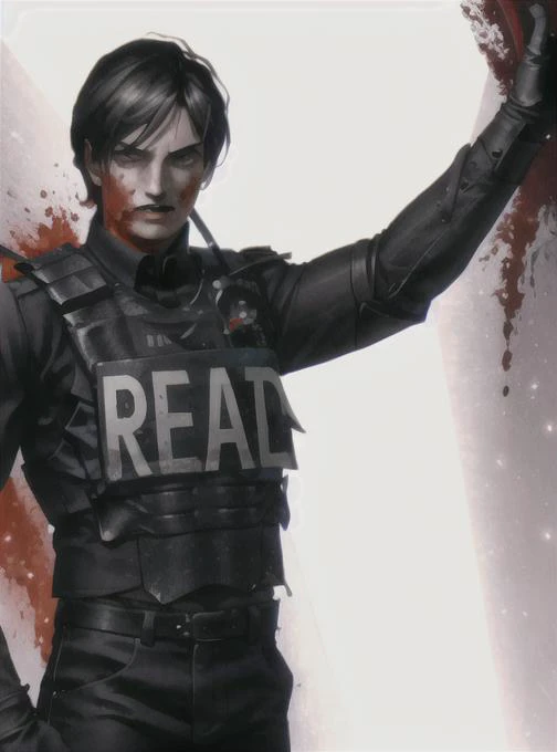 <lora:kazuma_kaneko:0.8>, dark scene, 1boy, portrait of re4leon, police uniform, bulletproof vest, (blood on face), scared, rim light, athletic, volumetric lighting, best quality, masterpiece, solo, intricate details, tonemapping, sharp focus, hyper detailed, trending on Artstation, looking at viewer, realistic <lora:sxz-leon:0.6>