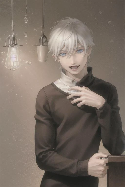 <lora:kazuma_kaneko:0.8>, (masterpiece, best quality:1.2), <lora:jjk_gojo-11:1>, solo, male focus, 1boy, portrait of gojo satoru, smile, tongue out, looking at viewer, blue eyes, white eyelashes, black sweater, long sleeves, hair between eyes, rim light, athletic, volumetric lighting, best quality, intricate details, tonemapping, sharp focus, hyper detailed, trending on Artstation