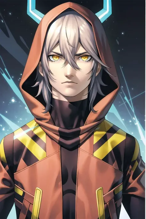 best quality, masterpiece, solo, <lora:kazuma_kaneko-10:0.8>, 1boy, coat, hood, looking at viewer, glowing eyes, portrait, hair between eyes, yellow eyes, hooded coat,