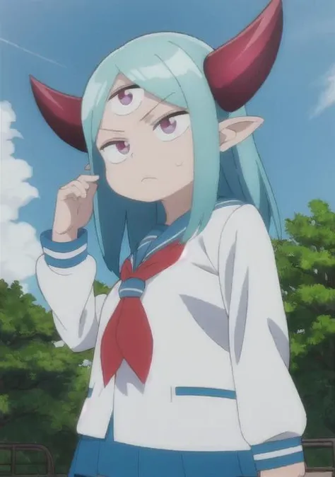 <lora:maouV1:.8>, third eye, best quality, 1girl, park, blue hair, purple_eyes, park, outdoors, school_uniform, red_horns