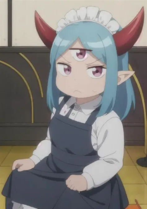 <lora:maouV1:.85>, best quality, 1girl, red_horns, blue hair, purple_eyes, third eye, maid, indoors, cafe, looking_at_viewer, child