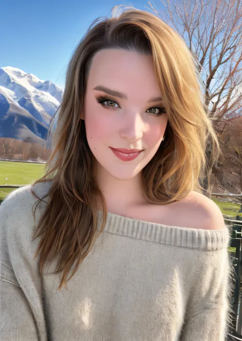 <lora:Lzzy:1>
photo of beautiful (Lzzy), ((ultra detailed, masterpiece, best quality)), sfw, best quality, ultra high res, ultra detailed face and eyes, (photorealistic:1.4), 1girl, 
wearing a sweater, off shoulder sweater, fuzzy sweater, black leggings, looking at viewer, smiling, medium shot, standing, outside, park, field, trees, mountain, winter, cloudy, high quality, masterpiece, (extremely detailed skin), (flawless skin), (model pose), (natural light), (high quality photography), (intricate details), (8k), (HDR), (sharp focus)