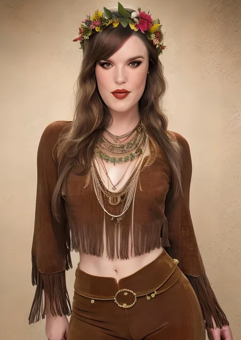 <lora:Lzzy:1>
Lzzy, sfw, safe for work, (masterpiece, best quality, highres, realistic, intricate details:1.2), (detailed light:1.2), rim lighting, close up portrait, (vintage photography:1.2), (1970s style, pin-up, sexy, hippy:1.2), erotic, (muted colors:1.2), 1girl, mid 20 years old, (head wreath:1.2), boho bead necklaces, gypsy fringe midriff top, medium breasts, thick thighs, pale skin, skin imperfections, lustrous skin, skindentation, (corduroy bell bottoms:1.2), (arms behind back:1.3), (1970s brown leaves pattern wallpaper:1.2)