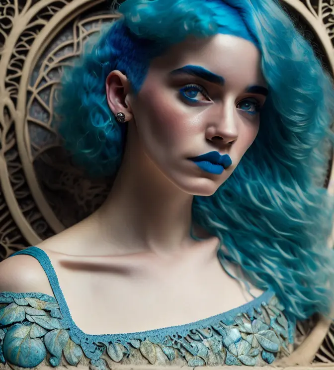(Cinematic Photo:1.3) of (Ultrarealistic:1.3),(Embarrassing:1.3) woman with curly, skin pale texture pore, (blue hair:1.5) 1girl, (detailed face:1.1), best quality, ultra high res, (photorealistic:1.1), bare shoulders, solo focus, (full body:1.1), looking at viewer, hires, kodak grain, detailed skin, taken on iphone, instagram, (natural light:1.1), hyper realistic skin texture,Highly Detailed,(Art Nouveau:1.3),(Realism:1.3),(60s Art:1.3),naturalism,land Art,regionalism,shutterstock contest winner,trending on unsplash,featured on Flickr