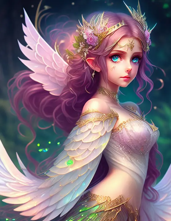 fabulously beautiful fairy elf, luminous wings, cute, 8k, ((masterpiece)), (best quality), (detailed), Beautiful, big, lovely eyes, Beautiful, goddess, nature girl, queen