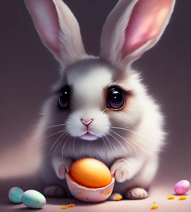 Beautiful little bunny with dreamy eyes, volumetric light, hyper realistic, intricate detail, illustration, painting, watercolor, kawaii chibi, eating easter egg, Aww!, Shallow depth of field, pastel color palette, Soft Lighting, Minimalistic, Modern, Digital painting, art by lois van baarle and ross tran and artgerm, Trending on Artstation HQ, highly detailed