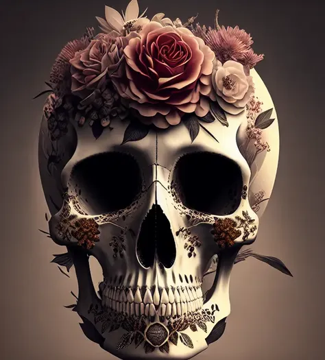 Floral Decorated Skull, low key lighting, Dark background, Detailed, macabre, art by dali, surrealist, Digital painting, Sharp focus, artstation