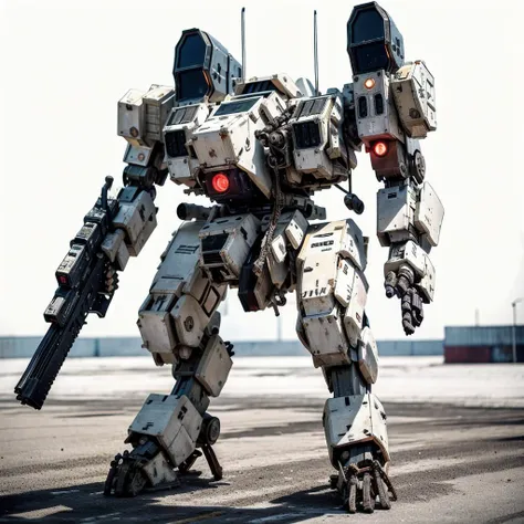 (photorealistic:1.4), best quality, masterpiece, light and shadow, dramatic lighting, <lora:mechav11_lora_34800:1>, mecha28, mecha, robot, no humans, weapon, white background, gun, solo, radio antenna, missile pod, holding gun, holding weapon, realistic, white skin, standing
