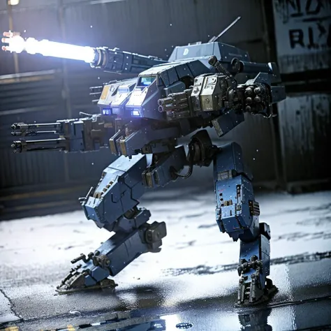 (photorealistic:1.4), best quality, masterpiece, light and shadow, dramatic lighting, <lora:mechav11_lora_34800:1>,  mecha28, mecha, robot, no humans, white background, solo, simple background, wet ground, water, weapon, radio antenna, gun, walking, cannon, blue skin, open cockpit