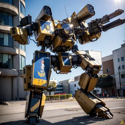 (photorealistic:1.4), best quality, masterpiece, light and shadow, dramatic lighting, <lora:mechav11_lora_34800:1>, mecha28, mecha, cockpit windows, robot, weapon, no humans, gun, city background, emblem, realistic background, solo, armor, machine gun, shield, realistic, yellow paint, standing, shoulder cannon, sun, sky