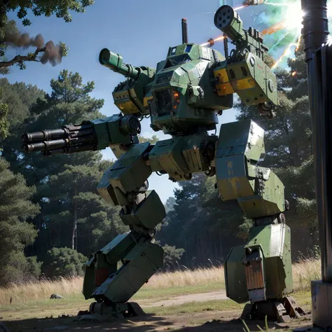 <lora:mechav3_lora_47700:1>, (photorealistic:1.4), mecha28, mecha, robot, no humans, flower, field, yellow flower, missile pod, cockpit windows, realistic, green skin, standing, gatling gun, shoulder cannon, firing, aircraft, tank, fire, helicopter, explosion, damage