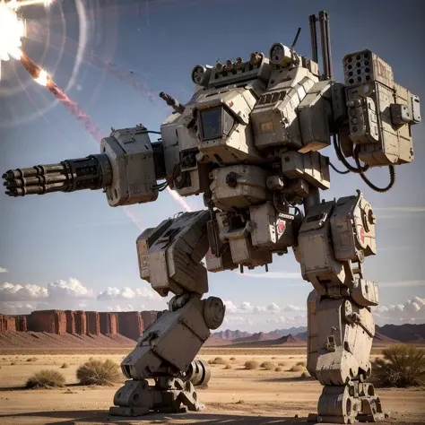 (photorealistic:1.4), best quality, masterpiece, light and shadow, dramatic lighting, <lora:mechav11_lora_34800:1>, mecha28, mecha, robot, weapon, no humans, gun, solo, sun, white background, desert, radio antenna, cannon, machine gun, missile pod, machinery, realistic, shoulder cannon, black skin, standing, cockpit windows