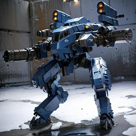(photorealistic:1.4), best quality, masterpiece, light and shadow, dramatic lighting, <lora:mechav11_lora_34800:1>, mecha28, mecha, robot, no humans, white background, solo, simple background, wet ground, water, weapon, radio antenna, gun, standing, cannon, blue skin, open cockpit