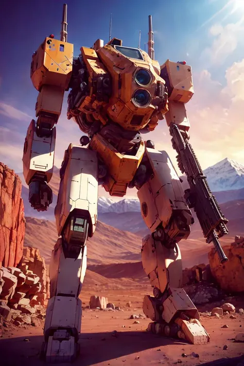 (photorealistic:1.4), best quality, masterpiece, light and shadow, dramatic lighting, <lora:mechav11_lora_34800:1>, mecha28, mecha, robot, no humans, weapon, mountains, gun, solo, radio antenna, missile pod, holding gun, holding weapon, realistic, white skin, standing,Mars Land,scenery