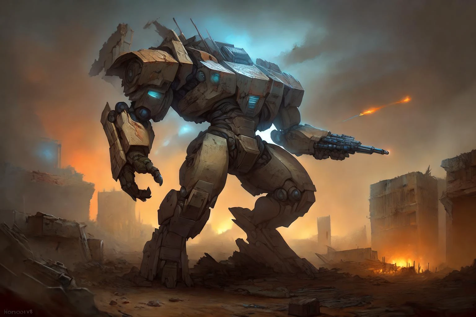 uploaded on e621, by honovy, by Frank Frazetta, HDR, masterpiece, (rugged combat mech on patrol) strobe lights, combat, (((ruined city landscape, ruined buildings, rubble, street, anti-air gunfire in the background, at night))), EyeDetail, detailed background, highly detailed, intricate, <lora:add_detail:0.2> <lora:mechav11_lora_34800:0.8> mecha28 <lora:BrutalistTech-20:0.3> brutaltech,
