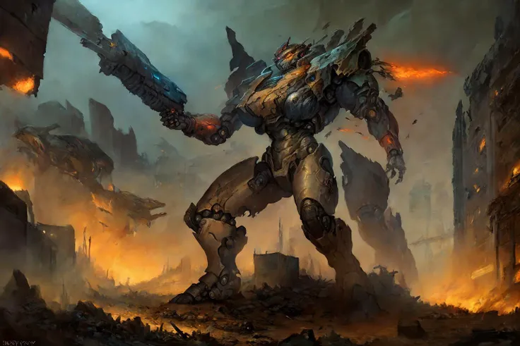 uploaded on e621, by honovy, by Frank Frazetta, HDR, masterpiece, (a menacing combat mech and it's female pilot), (female fox in a futuristic pilot skinsuit sitting on a mech), (((ruined city landscape, ruined buildings, rubble, street, anti-air gunfire in the background, at night))), EyeDetail, <lora:mecha_in_war:0.8> mecha28