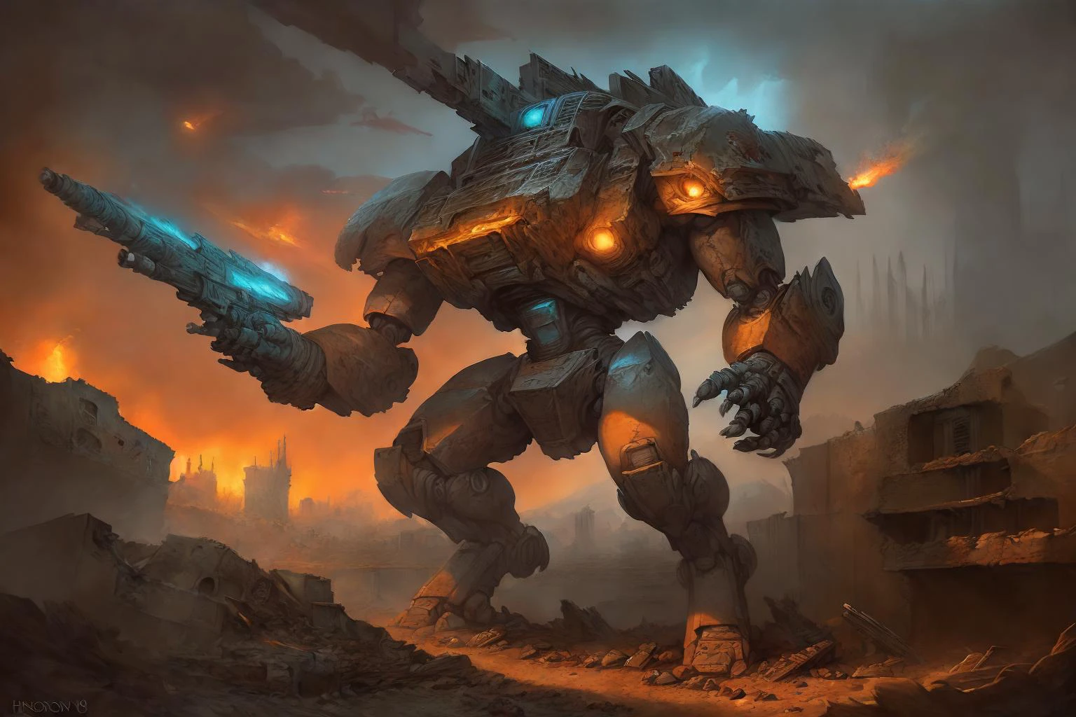 uploaded on e621, by honovy, by Frank Frazetta, HDR, masterpiece, (rugged combat mech on patrol) strobe lights, combat, (((ruined city landscape, ruined buildings, rubble, street, anti-air gunfire in the background, at night))), detailed background, highly detailed, intricate, <lora:add_detail:0.2> <lora:mechav11_lora_34800:0.8> mecha28 <lora:BrutalistTech-20:0.3> brutaltech,