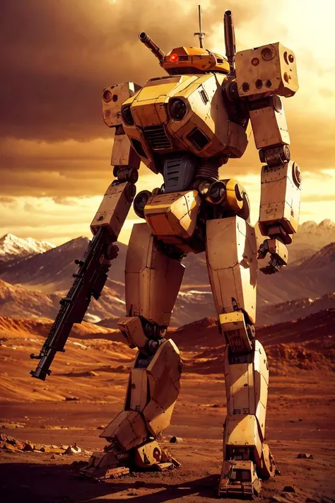 (photorealistic:1.4), best quality, masterpiece, light and shadow, dramatic lighting, <lora:mechav11_lora_34800:1>, mecha28, mecha, robot, no humans, weapon, mountains, gun, solo, radio antenna, missile pod, holding gun, holding weapon, realistic, white skin, standing,Mars Land,scenery