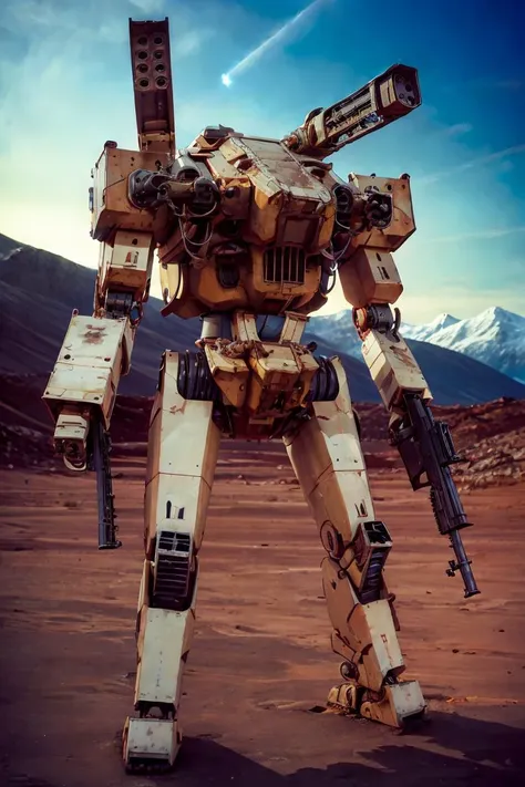 (photorealistic:1.4), best quality, masterpiece, light and shadow, dramatic lighting, <lora:mechav11_lora_34800:1>, mecha28, mecha, robot, no humans, weapon, mountains, gun, solo, radio antenna, missile pod, holding gun, holding weapon, realistic, white skin, standing,Mars Land,scenery