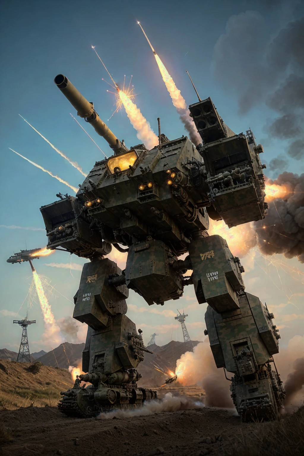 mecha28, armored plating, mounted machine-gun, radar antenna, missile pod, mortar tubes, missile launchers, main turret cannon, cockpit windows, turbine engine, camouflaged, running over a battlefield with a trench line, barb wire, cinematic lighting,
<lora:mechav11_lora_34800:0.5>, (masterpiece, photorealistic:1.2), high quality, intricate details, highly detailed background, 8k