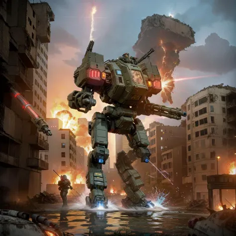 <lora:mechav3_lora_47700:1>, photorealistic, mecha28, mecha, robot, realistic, red skin, no humans,weapon, cannon, motor vehicle, gun, solo, tank, missile pod, walking, city, ruins, fire, shoulder cannon, missile pod, gatling gun, firing, explosion, cockpit windows, damage