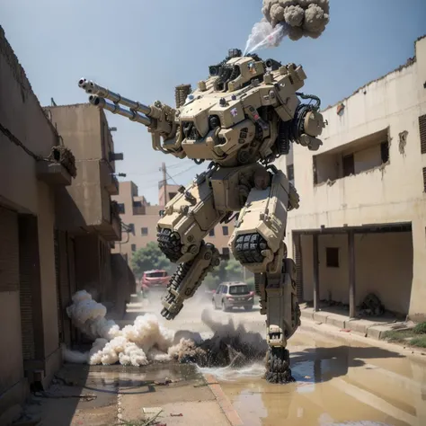<lora:mechav3_lora_47700:1>, (photorealistic:1.4), mecha28, mecha, robot, ground vehicle, motor vehicle, no humans, smoke, weapon, gun, damaged, dust, building, military vehicle, car, tank, military, truck, realistic, shoulder cannon, brown paint, running, gatling gun, wet ground, street, firing missile, damage, fire