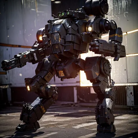 (photorealistic:1.4), best quality, masterpiece, light and shadow, dramatic lighting, <lora:mechav11_lora_34800:1>, (black skin:1.4), mecha28, robot, mecha, no humans, weapon, realistic background, solo, holding, gun, missile pod, holding weapon, standing,