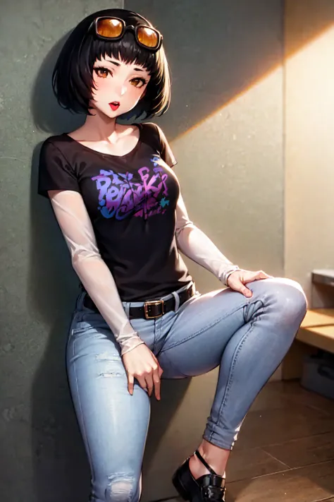<lora:ichiko_ohya-01:1> ,ichiko ohya, best quality, masterpiece, 1girl, solo, standing, black t-shirt, white shirt, jeans, belt, lipstick, eyewear on head,