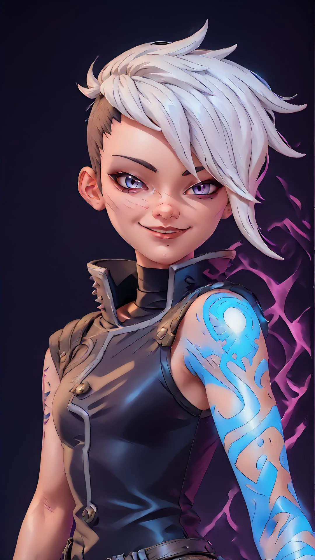 <lora:TyreenCalypso91:0.8> Tyreen, 1girl, sidecut, white hair, punk, evil smile, glowing arm tattoo, <lora:AngelicCAT_Style:0.7>, high resolution, highly detailed, perfect lighting, beautiful detailed eyes