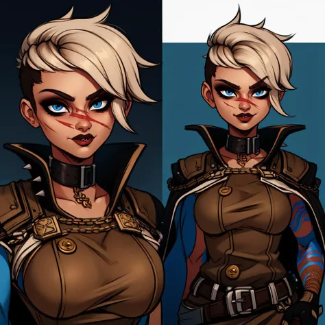 Best_QualityPos, RAW photo, intricate details, best quality, 8k uhd, soft lighting, 1girl, solo, Tyreen, white hair, blue eyes, two-tone hair, blue left arm tattoo, scars on face, undercut, eyeshadow, eyebrow cut, dark makeup, TyrCoat, fingerless gloves, sleeveless, belt, spikes, collar, shirt, brown attire, multiple views  <lora:TyreenCalypso-10v7BL3:0.7>