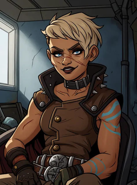 (masterpiece, high quality:1.1), cinematic lighting, shadows, digital art, extremely detailed, Tyreen, 1girl, female, sitting, (close-up), looking down, smug, white hair, blue eyes, two-tone hair, (blue left arm tattoo:1.2), (scars on face), undercut, eyeshadow, eyebrow cut, dark makeup, TyrCoat, fingerless gloves, sleeveless, belt, spikes, collar, shirt, brown attire, small breasts, indoors, wasteland, bunker, complex background, <lora:TyreenCalypso-10v7BL3:0.8>