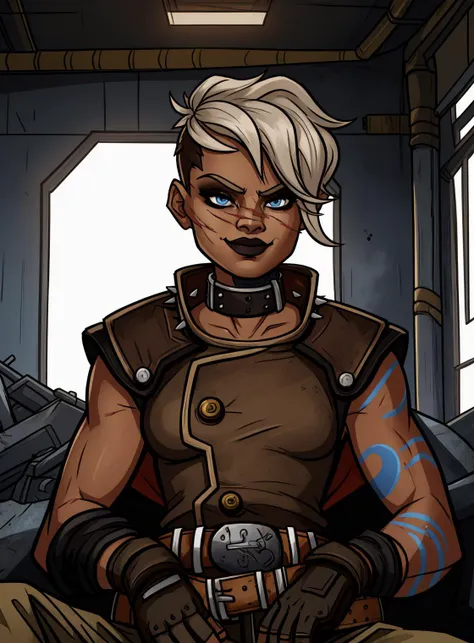 (masterpiece, high quality:1.1), cinematic lighting, shadows, digital art, extremely detailed, Tyreen, 1girl, female, sitting, (close-up), looking down, smug, white hair, blue eyes, two-tone hair, (blue left arm tattoo:1.2), (scars on face), undercut, eyeshadow, eyebrow cut, dark makeup, TyrCoat, fingerless gloves, sleeveless, belt, spikes, collar, shirt, brown attire, small breasts, indoors, wasteland, bunker, complex background, <lora:TyreenCalypso-10v7BL3:0.8>