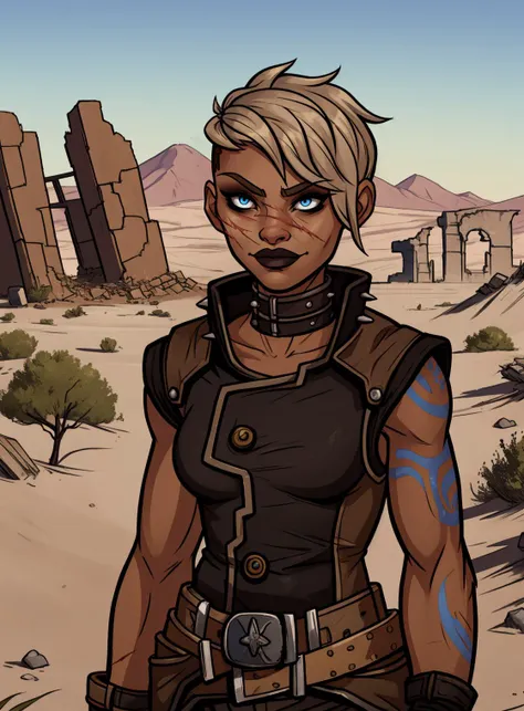 (masterpiece, high quality:1.1), cinematic lighting, shadows, digital art, extremely detailed, Tyreen, 1girl, female, standing, (close-up), looking down, arms behind back, smug, white hair, blue eyes, two-tone hair, (blue left arm tattoo:1.2), (scars on face), undercut, eyeshadow, eyebrow cut, dark makeup, TyrCoat, fingerless gloves, sleeveless, belt, spikes, collar, shirt, brown attire, small breasts, outdoors, wasteland, desert, cliffs, ruins, complex background, <lora:TyreenCalypso-10v7BL3:0.8>