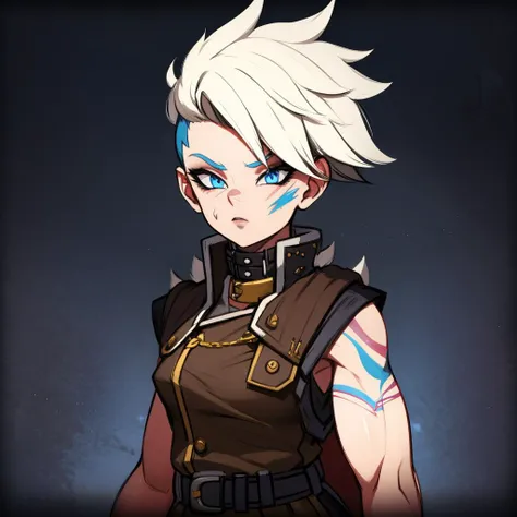 Best_QualityPos, RAW photo, intricate details, best quality, 8k uhd, soft lighting, 1girl, solo, Tyreen, white hair, blue eyes, two-tone hair, blue left arm tattoo, scars on face, undercut, eyeshadow, eyebrow cut, dark makeup, TyrCoat, fingerless gloves, sleeveless, belt, spikes, collar, shirt, brown attire, muscular, upper body <lora:TyreenCalypso-10v7BL3:0.7> <lora:EliteNappa_Style:1>