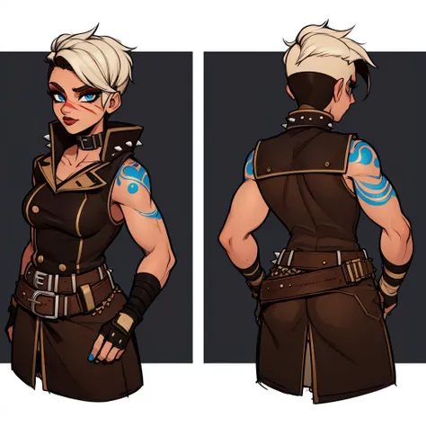 Best_QualityPos, RAW photo, intricate details, best quality, 8k uhd, soft lighting, 1girl, solo, Tyreen, white hair, blue eyes, two-tone hair, blue left arm tattoo, scars on face, undercut, eyeshadow, eyebrow cut, dark makeup, TyrCoat, fingerless gloves, sleeveless, belt, spikes, collar, shirt, brown attire, multiple views, muscular  <lora:TyreenCalypso-10v7BL3:0.7>