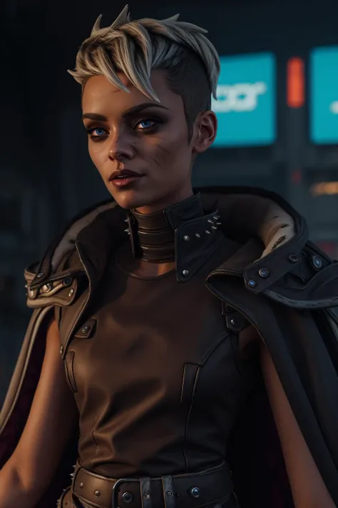 Best_QualityPos, RAW photo, intricate details, best quality, 8k uhd, soft lighting, 1girl, solo, Tyreen, white hair, blue eyes, two-tone hair, blue left arm tattoo, (scars on face:1.1), undercut, eyeshadow, eyebrow cut, dark makeup, (TyrCoat:1.2), jacket, Coat, cape, sleeveless, belt, spikes, collar, shirt, brown attire, cyberpunk background <lora:TyreenCalypso-10v7BL3:0.7>  <lora:backlight_slider_v10:-1>