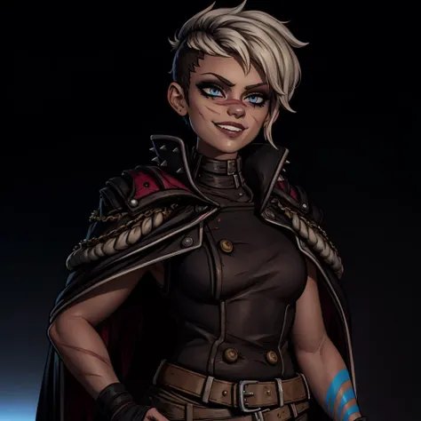 Best_QualityPos, RAW photo, intricate details, best quality, 8k uhd, soft lighting, 1girl, solo, Tyreen, white hair, blue eyes, two-tone hair, blue left arm tattoo, (scars on face:1.1), undercut, eyeshadow, eyebrow cut, dark makeup, (TyrCoat:1.2), jacket, Coat, cape, sleeveless, belt, spikes, collar, shirt, brown attire, cyberpunk background, grin <lora:TyreenCalypso-10v7BL3:0.7>