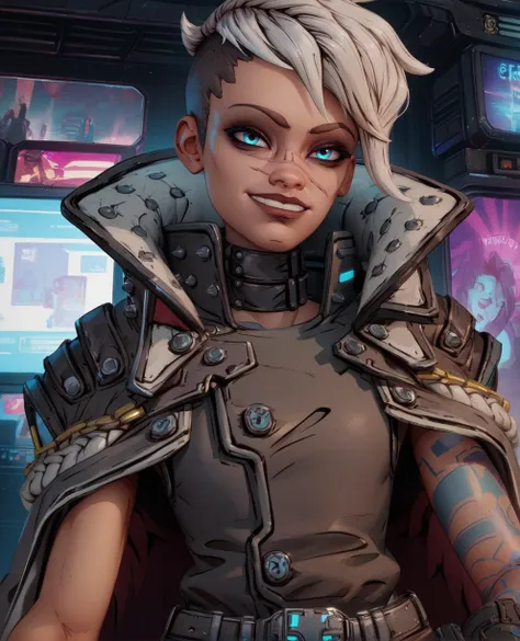 score_9,score_8_up,score_7_up BREAK {prompt},  
Tyreen,white hair,blue eyes,two-tone hair,scar on face,undercut,eyebrow cut,smug,  left arm tattoo,  
fingerless gloves,sleeveless,belt,pants,collar,shirt,brown top,coat,
standing,upper body,
cyberpunk,tv show,
<lora:TyreenCalypso91:0.8>,