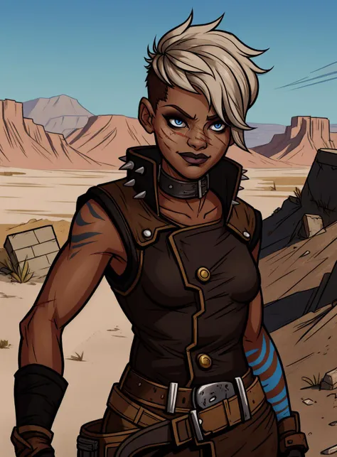 (masterpiece, high quality:1.1), cinematic lighting, shadows, digital art, extremely detailed, Tyreen, 1girl, female, standing, (close-up), looking down, arms behind back, smug, white hair, blue eyes, two-tone hair, (blue left arm tattoo:1.2), (scars on face), undercut, eyeshadow, eyebrow cut, dark makeup, TyrCoat, fingerless gloves, sleeveless, belt, spikes, collar, shirt, brown attire, small breasts, outdoors, wasteland, desert, cliffs, ruins, complex background, <lora:TyreenCalypso-10v7BL3:0.8>