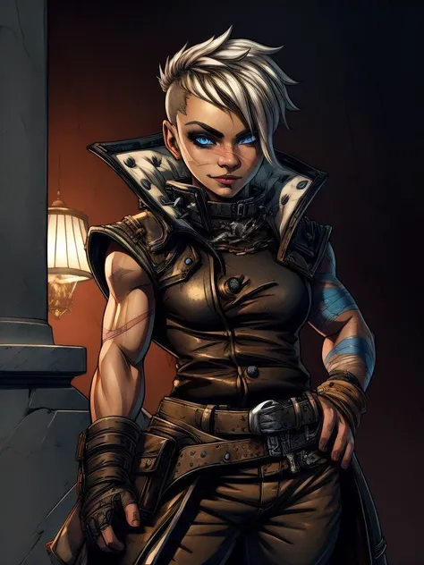 RAW photo, (intricate details, high detailed skin, detailed eyes:1.1), best quality, 8k uhd, soft lighting, 1girl, solo, Tyreen, white hair,blue eyes,two-tone hair, dark skin, blue left arm tattoo, (scars on face:1.1), undercut, eyeshadow, eyebrow cut, dark makeup, TyrCoat, fingerless gloves ,sleeveless, belt, spikes, boots, pants, collar, shirt, brown attire, smug smile <lora:TyreenCalypso-10v3:0.7> <lyco:HiroMashima:1.0>