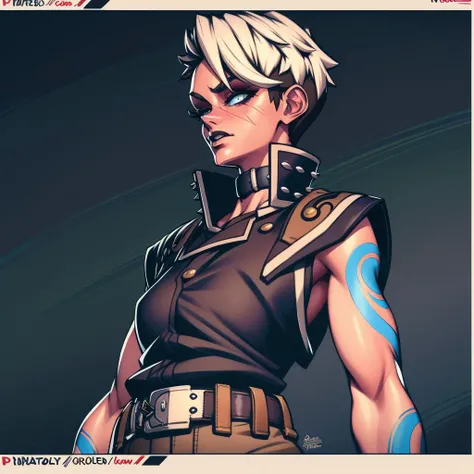 Best_QualityPos, RAW photo, intricate details, best quality, 8k uhd, soft lighting, 1girl, solo, Tyreen, white hair, blue eyes, two-tone hair, blue left arm tattoo, scars on face, undercut, eyeshadow, eyebrow cut, dark makeup, TyrCoat, fingerless gloves, sleeveless, belt, spikes, collar, shirt, brown attire, muscular, upper body <lora:TyreenCalypso-10v7BL3:0.7> <lora:HerrscherAGGA2023_Little_Bastard_SOFT:1>