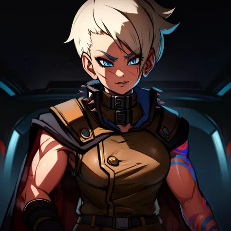 Best_QualityPos, RAW photo, intricate details, best quality, 8k uhd, soft lighting, 1girl, solo, Tyreen, white hair, blue eyes, two-tone hair, blue left arm tattoo, scars on face, undercut, eyeshadow, eyebrow cut, dark makeup, TyrCoat, fingerless gloves, sleeveless, belt, spikes, collar, shirt, brown attire, muscular, upper body  <lora:TyreenCalypso-10v7BL3:0.7>   <lora:EliteNappa_Style:1>