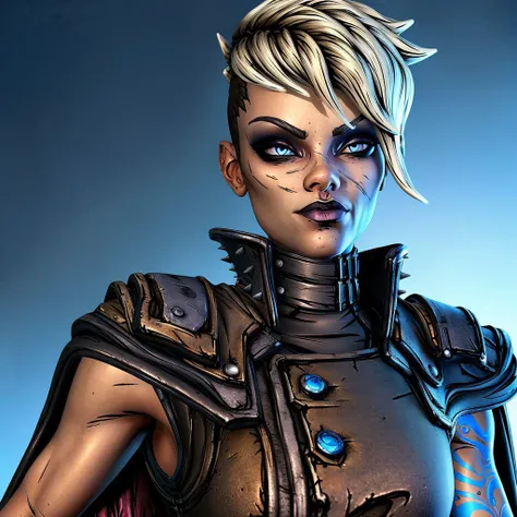 Tyreen ,white hair,blue eyes,two-tone hair, dark skin, blue left arm tattoo, scars on face:1.1, undercut, eyeshadow, eyebrow cut, dark makeup, hands on hips, high angle, cleavage,
TyrCoat, fingerless gloves ,sleeveless,spikes,boots,pants,collar ,shirt, brown attire,
showing boobs,
standing, close up, face, cheeky, smile,
ominous background,
(insanely detailed, beautiful detailed face, masterpiece, best quality) <lora:TyreenCalypso:0.8>