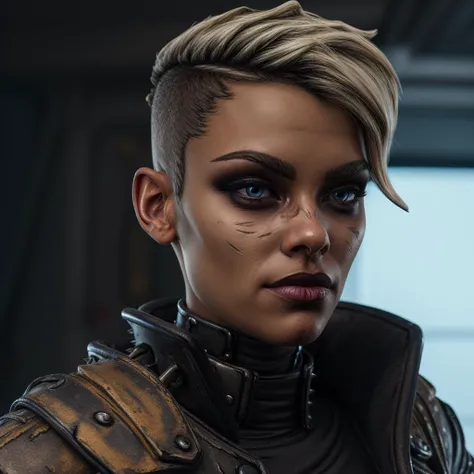 Best_QualityPos, RAW photo, intricate details, best quality, 8k uhd, soft lighting, 1girl, solo, Tyreen, white hair, blue eyes, two-tone hair, blue left arm tattoo, (scars on face:1.1), undercut, eyeshadow, eyebrow cut, dark makeup, (TyrCoat:1.2), jacket, Coat, cape, sleeveless, belt, spikes, collar, shirt, brown attire, cyberpunk background <lora:TyreenCalypso-10v7BL3:0.7>   <lora:borderlands-2:0.3>