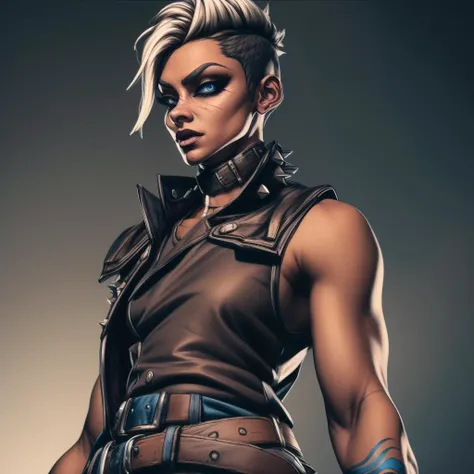 Best_QualityPos, RAW photo, intricate details, best quality, 8k uhd, soft lighting, 1girl, solo, Tyreen, white hair, blue eyes, two-tone hair, blue left arm tattoo, scars on face, undercut, eyeshadow, eyebrow cut, dark makeup, TyrCoat, fingerless gloves, sleeveless, belt, spikes, collar, shirt, brown attire, muscular, upper body <lora:TyreenCalypso-10v7BL3:0.7> <lora:HerrscherAGGA2023_Little_Bastard_SOFT:1>