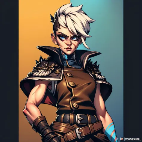 Best_QualityPos, RAW photo, intricate details, best quality, 8k uhd, soft lighting, 1girl, solo, Tyreen, white hair, blue eyes, two-tone hair, blue left arm tattoo, scars on face, undercut, eyeshadow, eyebrow cut, dark makeup, TyrCoat, fingerless gloves, sleeveless, belt, spikes, collar, shirt, brown attire, muscular, upper body <lora:TyreenCalypso-10v7BL3:0.7> <lora:HerrscherAGGA2023_Little_Bastard_HARD:1>