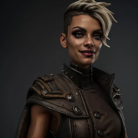 Best_QualityPos, RAW photo, intricate details, best quality, 8k uhd, soft lighting, 1girl, solo, Tyreen, white hair, blue eyes, two-tone hair, blue left arm tattoo, (scars on face:1.1), undercut, eyeshadow, eyebrow cut, dark makeup, (TyrCoat:1.2), jacket, Coat, cape, sleeveless, belt, spikes, collar, shirt, brown attire, upper body, evil grin, cyberpunk background <lora:TyreenCalypso-10v7BL3:0.7>  <lora:borderlands-2:0.3>