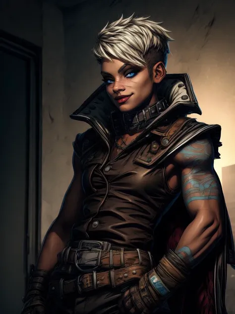 RAW photo, (intricate details, high detailed skin, detailed eyes:1.1), best quality, 8k uhd, soft lighting, 1girl, solo, Tyreen, white hair,blue eyes,two-tone hair, dark skin, blue left arm tattoo, (scars on face:1.1), undercut, eyeshadow, eyebrow cut, dark makeup, TyrCoat, fingerless gloves ,sleeveless, belt, spikes, boots, pants, collar, shirt, brown attire, smug smile <lora:TyreenCalypso-10v3:0.7> <lora:add_detail:1>